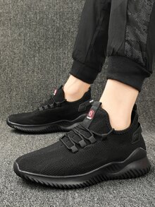 Men Knit Lace-up Running Shoes - Black - View 1