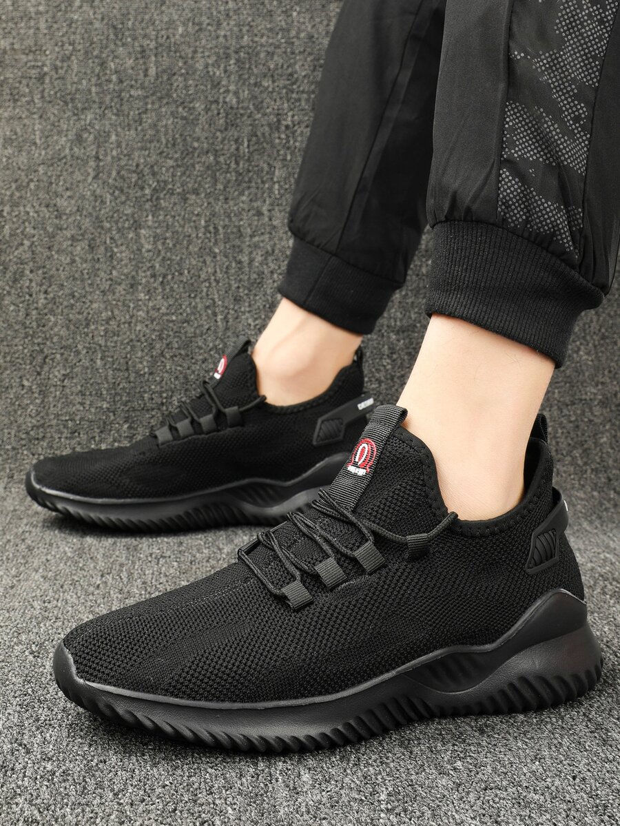 Men Knit Lace-up Running Shoes - Black - View 1