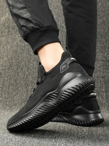 Men Knit Lace-up Running Shoes - Black - View 3