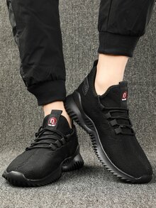 Men Knit Lace-up Running Shoes - Black - View 4