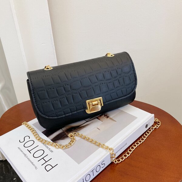 

Croc Embossed Flap Square Bag, Black