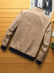 Manfinity Mode Hombres Cazadora unicolor con cremallera delantera con diseño con bolsillo - Caqui - Ver 2