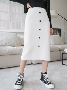 DAZY 前紐扣毛茸茸針織短裙 - 白色 - 查看 1