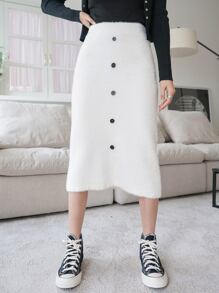 DAZY 前紐扣毛茸茸針織短裙 - 白色 - 查看 3