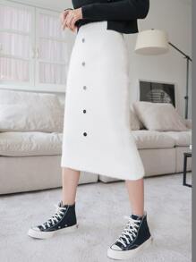 DAZY 前紐扣毛茸茸針織短裙 - 白色 - 查看 6