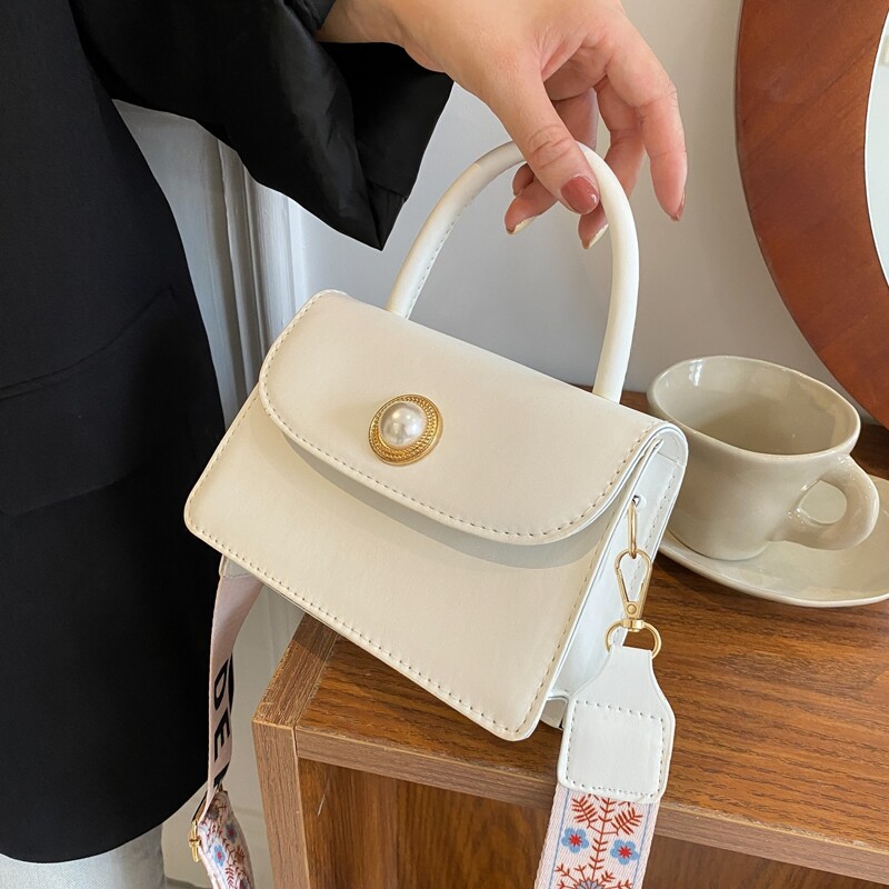 

Faux Pearl Decor Satchel Bag, White
