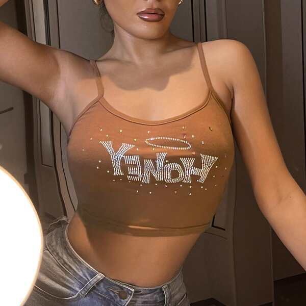 

Rhinestone Letter Graphic Crop Cami Top, Brown