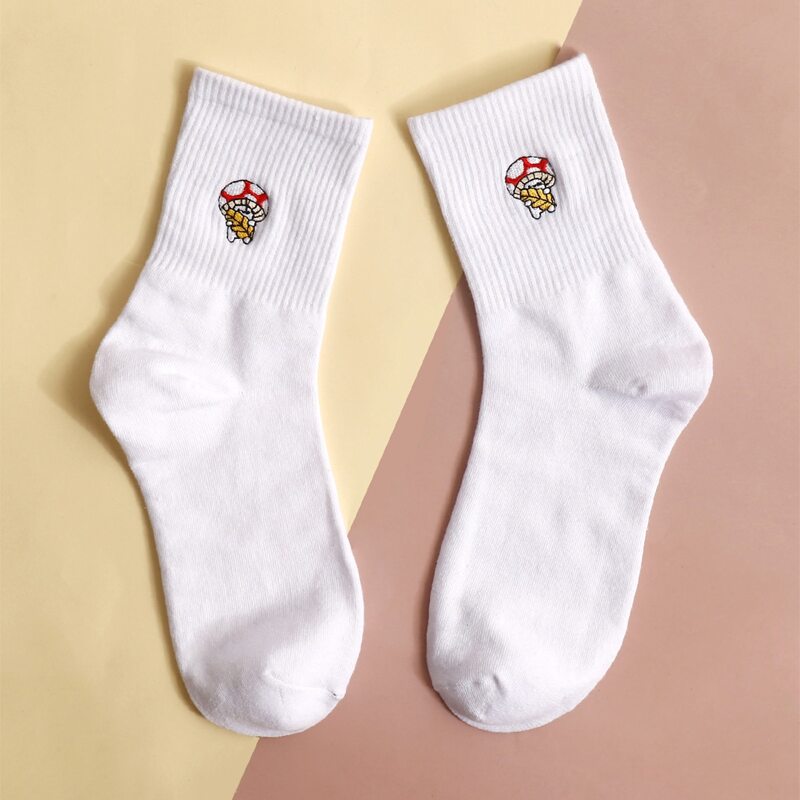 

Mushroom Embroidery Crew Socks, White