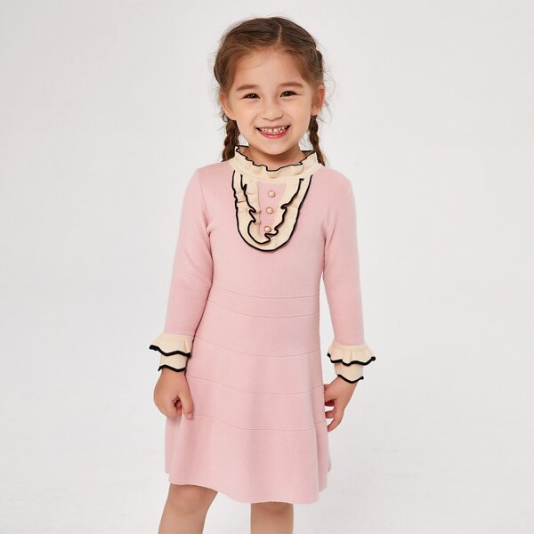 

Toddler Girls Contrast Ruffle Detail Contrast Binding Sweater Dress, Baby pink