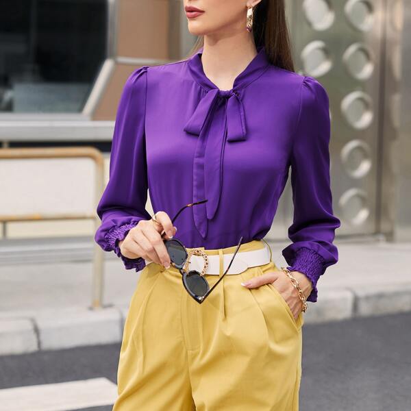 

Solid Tie Neck Blouse, Purple