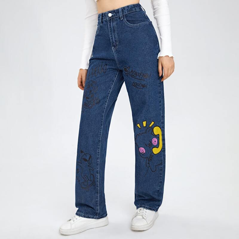 

Graffiti Print Jeans, Dark wash