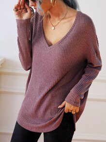 SHEIN Frenchy Waffle Knit Drop Shoulder V Neck Tee - Burgundy - View 1