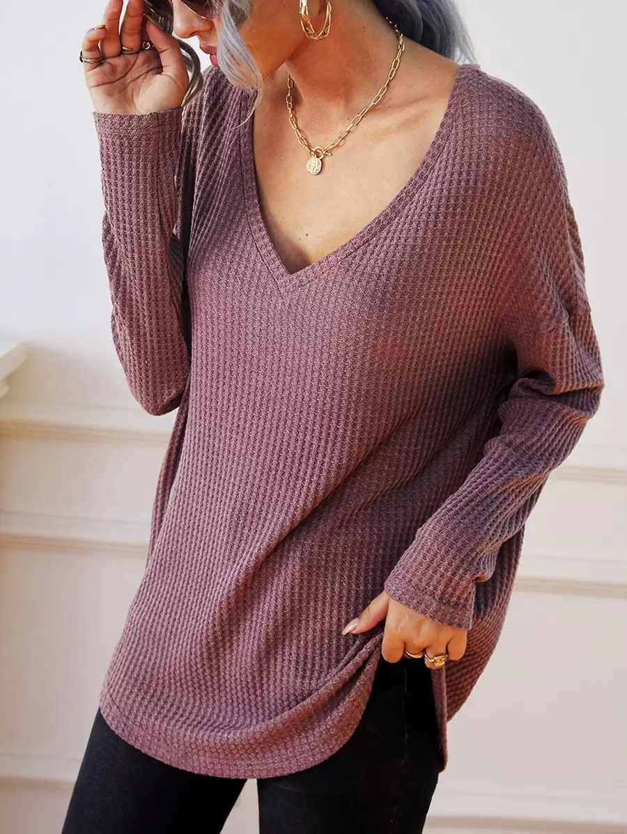 SHEIN Frenchy Waffle Knit Drop Shoulder V Neck Tee - Burgundy - View 1