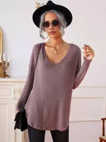 SHEIN Frenchy Waffle Knit Drop Shoulder V Neck Tee - Burgundy - View 4