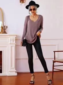 SHEIN Frenchy Waffle Knit Drop Shoulder V Neck Tee - Burgundy - View 5