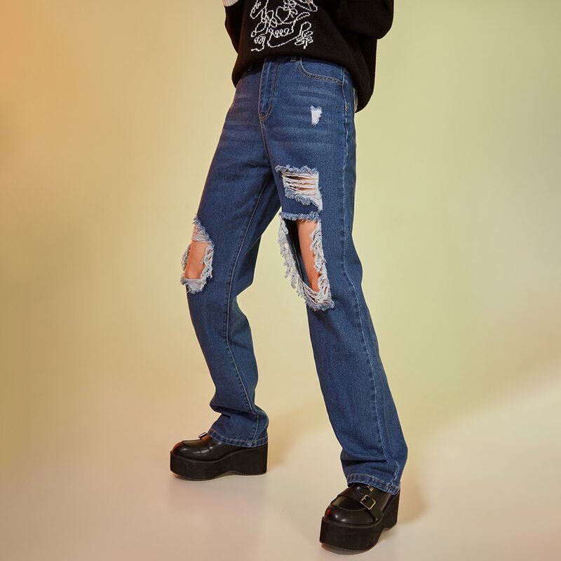 

Ripped Straight Leg Jeans, Dark wash