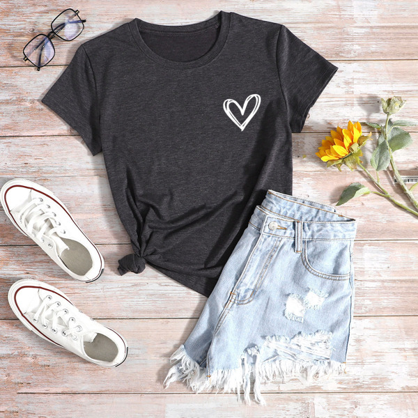 

Heart Print Short Sleeve Tee, Dark grey