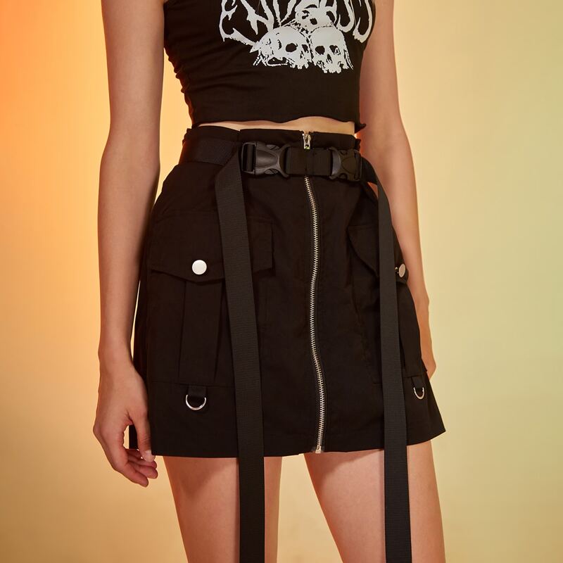 

Solid Pocket Zip Up Skirt, Black