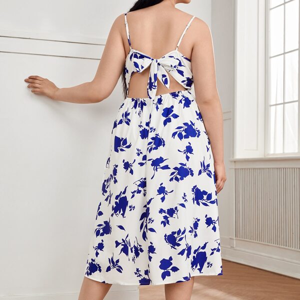 

Plus Floral Print Twist Front Backless Cami Dress, Blue and white