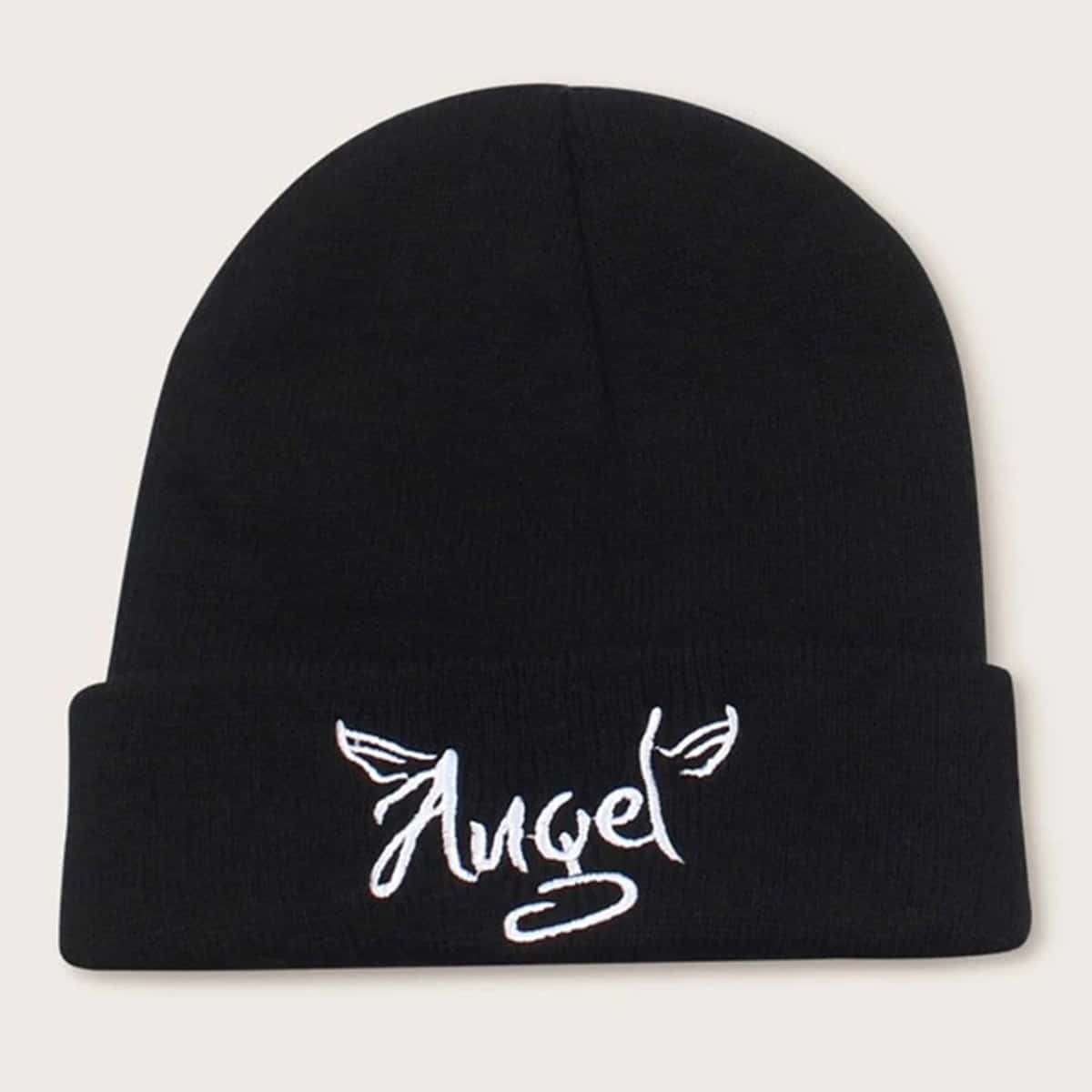 

Letter Embroidery Beanie, Black