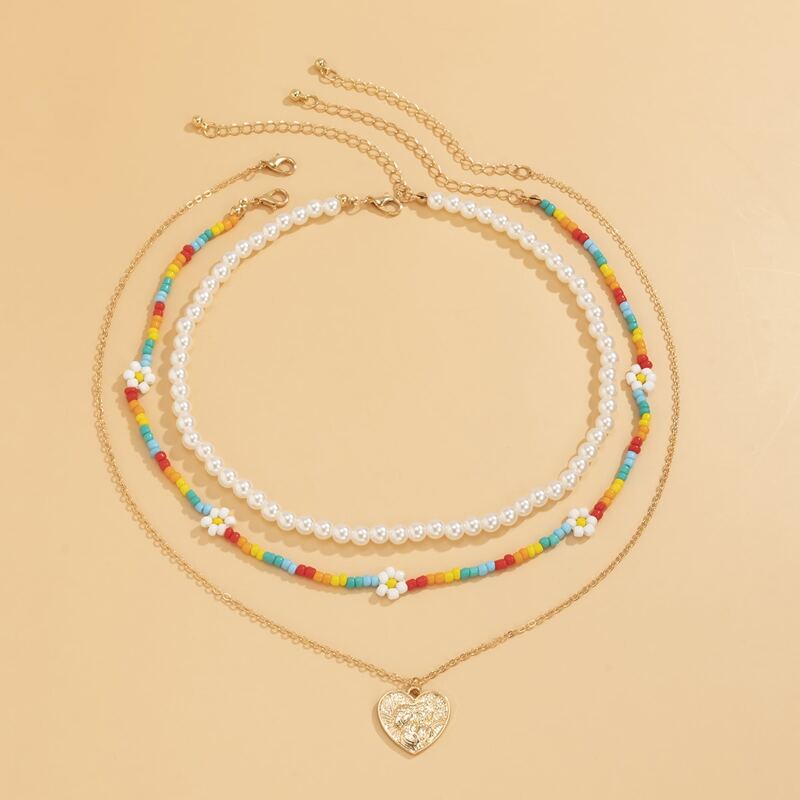 

3pcs Heart Decor Chain Necklace, Gold
