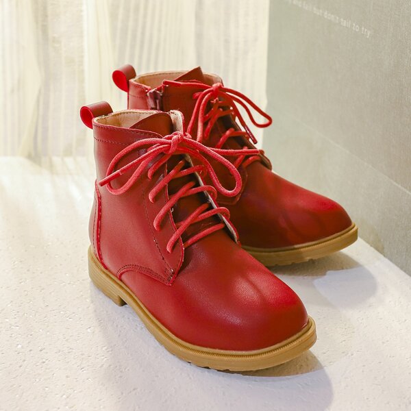 

Girls Lace-up Front Side Zipper Boots, Red
