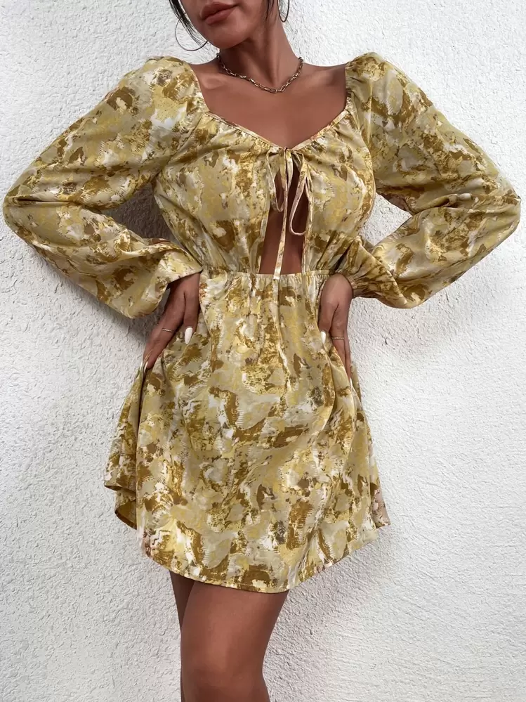 SHEIN Unity Skära Ut Famsida Knut Binda Färgämne Boho Klänning - Multifärgad - Visa 1