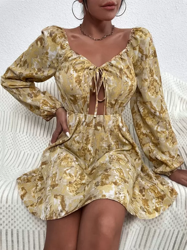 SHEIN Unity Skära Ut Famsida Knut Binda Färgämne Boho Klänning - Multifärgad - Visa 3