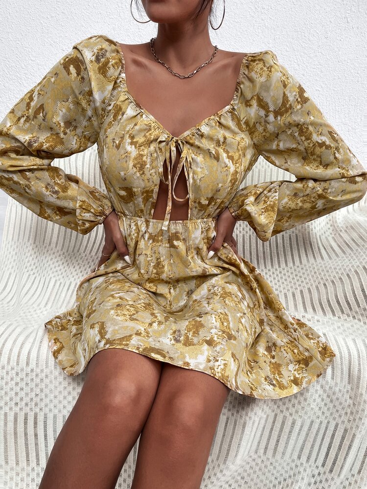 SHEIN Unity Skära Ut Famsida Knut Binda Färgämne Boho Klänning - Multifärgad - Visa 4