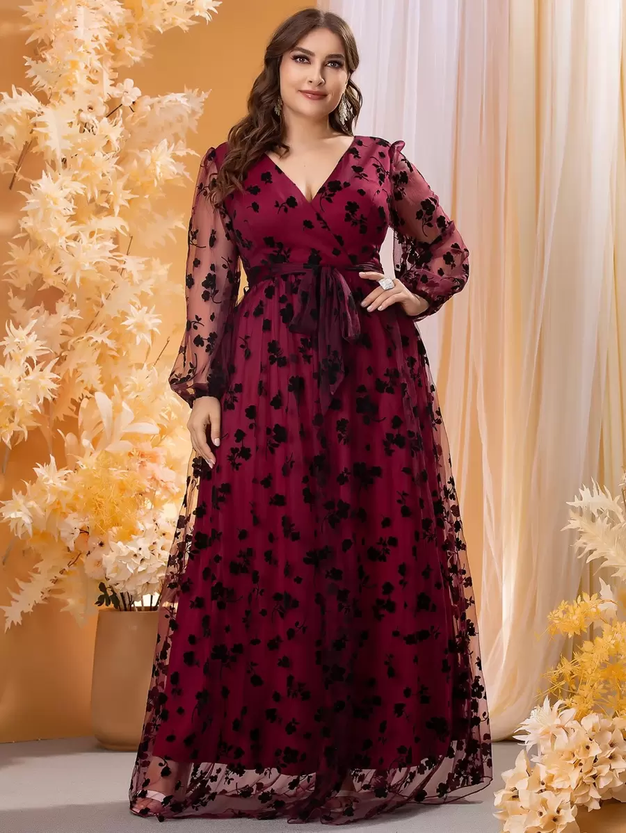 SHEIN Belle Burgundy Red Plus Contrast Floral Mesh Belted Dress - Burgundy - View 1