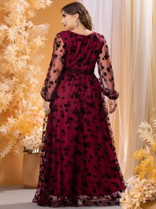 SHEIN Belle Burgundy Red Plus Contrast Floral Mesh Belted Dress - Burgundy - View 2