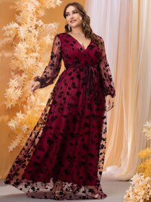 SHEIN Belle Burgundy Red Plus Contrast Floral Mesh Belted Dress - Burgundy - View 3