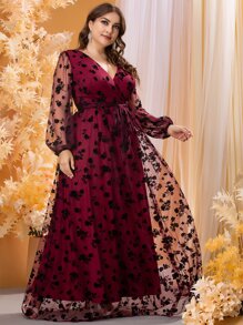 SHEIN Belle Burgundy Red Plus Contrast Floral Mesh Belted Dress - Burgundy - View 5