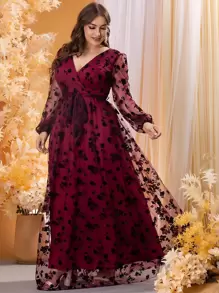 SHEIN Belle Burgundy Red Plus Contrast Floral Mesh Belted Dress - Burgundy - View 6