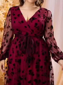 SHEIN Belle Burgundy Red Plus Contrast Floral Mesh Belted Dress - Burgundy - View 7