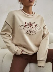 SHEIN Unity 拼接車縫天使和字母圖案套頭衫 - 杏色 - 查看 3