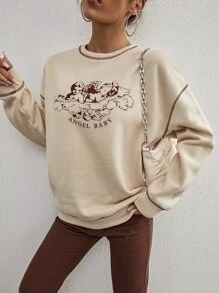 SHEIN Unity 拼接車縫天使和字母圖案套頭衫 - 杏色 - 查看 4