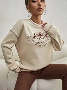 SHEIN Unity 拼接車縫天使和字母圖案套頭衫 - 杏色 - 查看 5