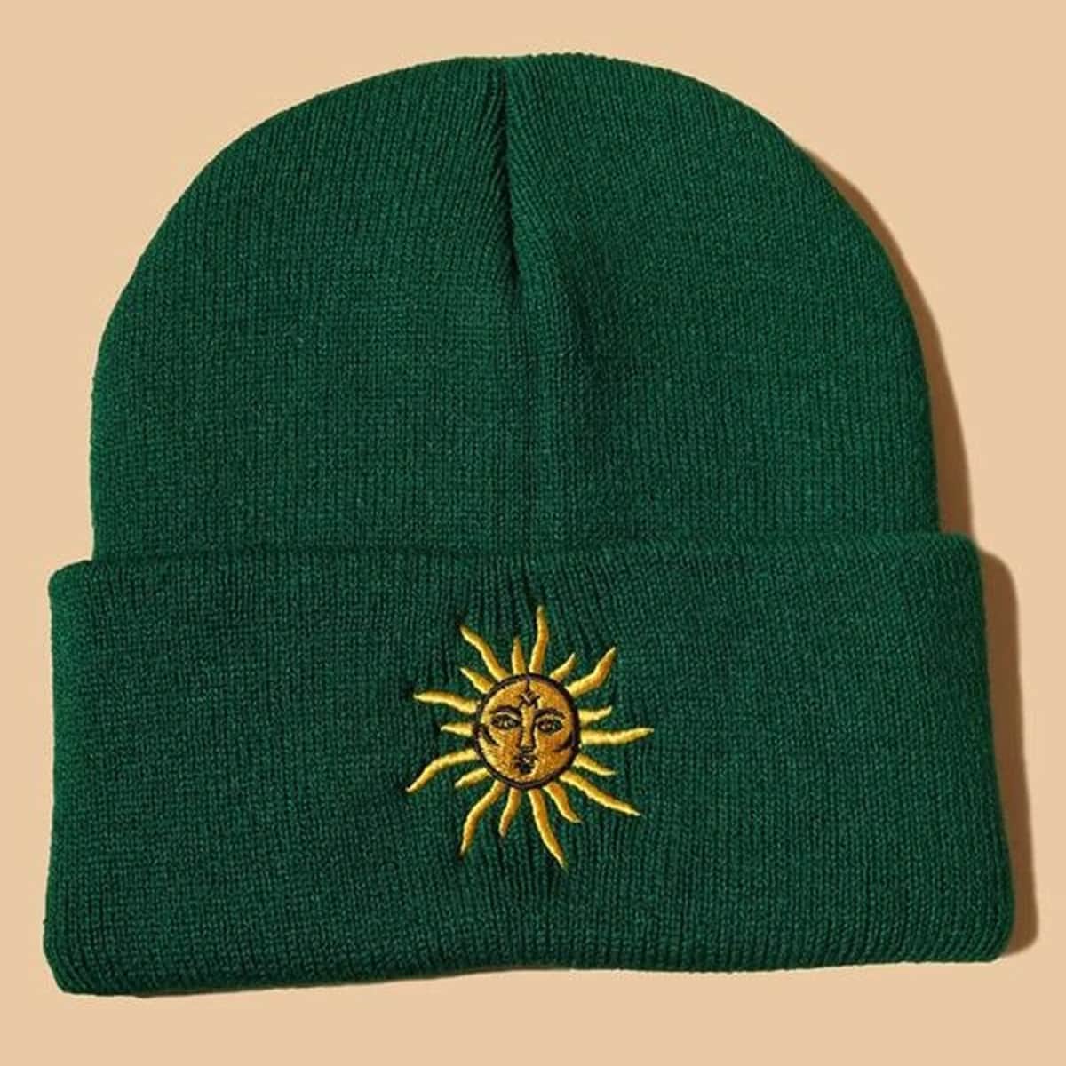 

Sun Embroidery Beanie, Dark green