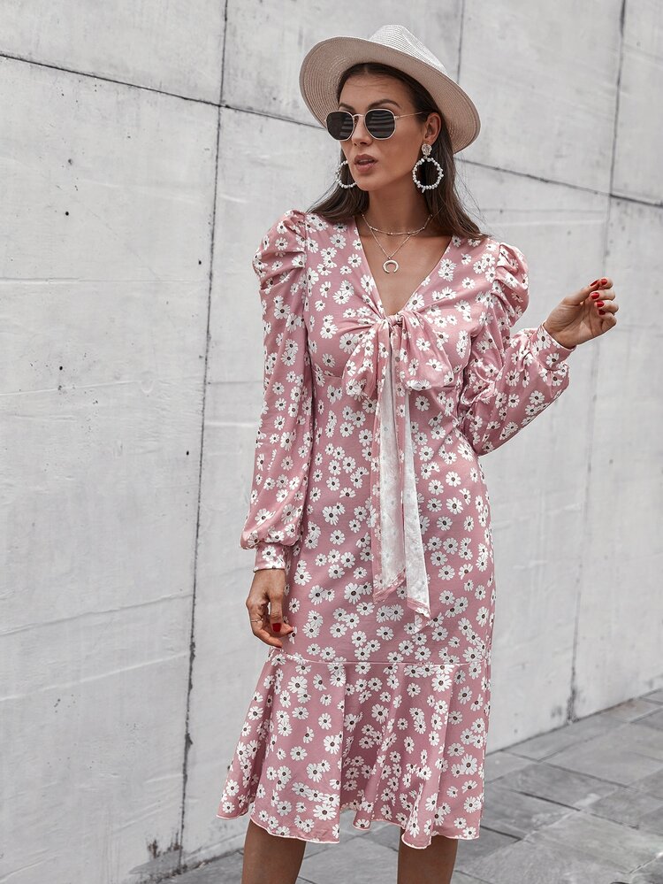 SHEIN Privé Daisy Print Tie Front Ruffle Hem Puff Sleeve Dress - Multicolor - View 5