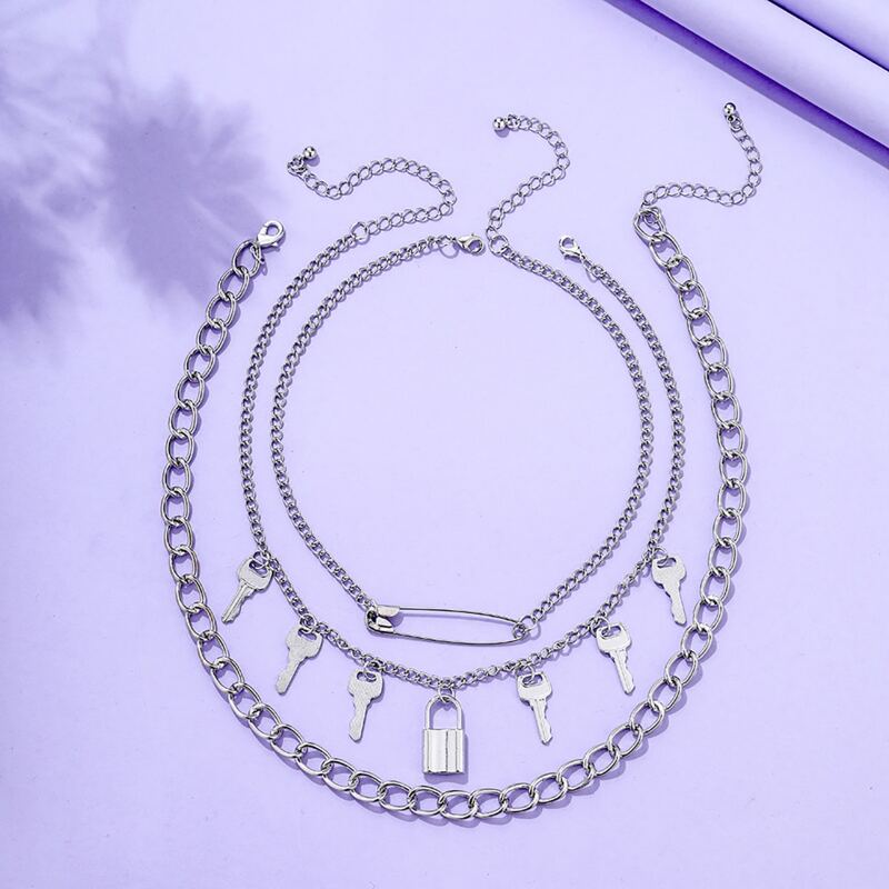 

3pcs Lock & Key Decor Chain Necklace, Silver