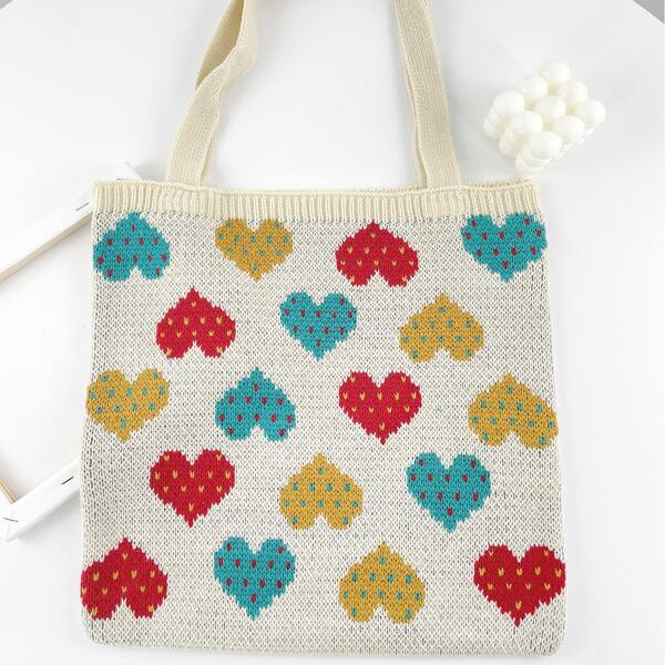 

Allover Heart Graphic Crochet Shopper Bag, Multicolor