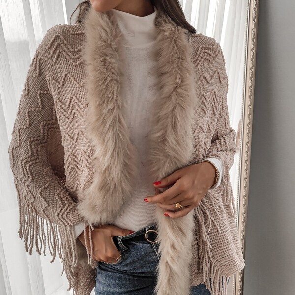 

Fringe Trim Fuzzy Cardigan, Apricot