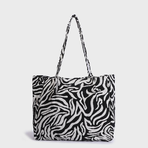 

Zebra Striped Pattern Shoulder Tote Bag, Black and white