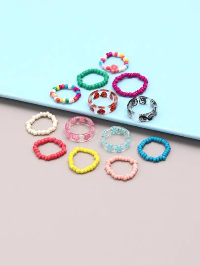 13pcs Girls Flower Pattern Beaded Ring