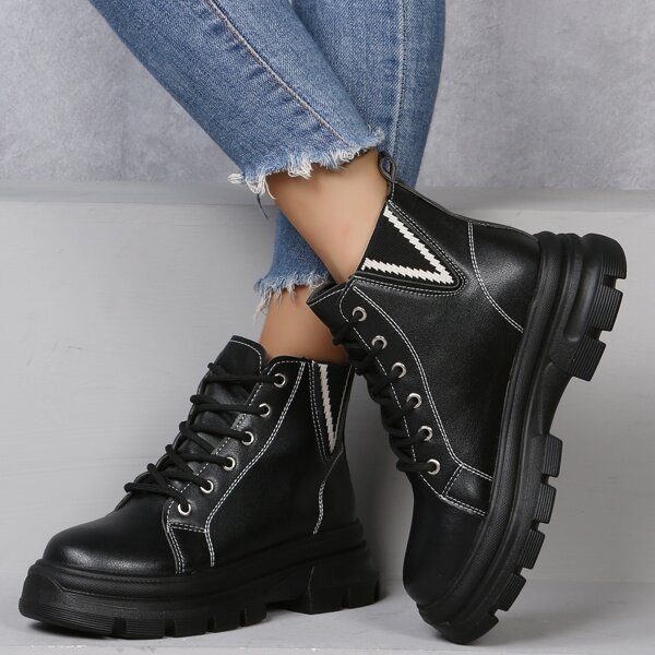 

Panel Design Lace-up Front Combat Boots, Black