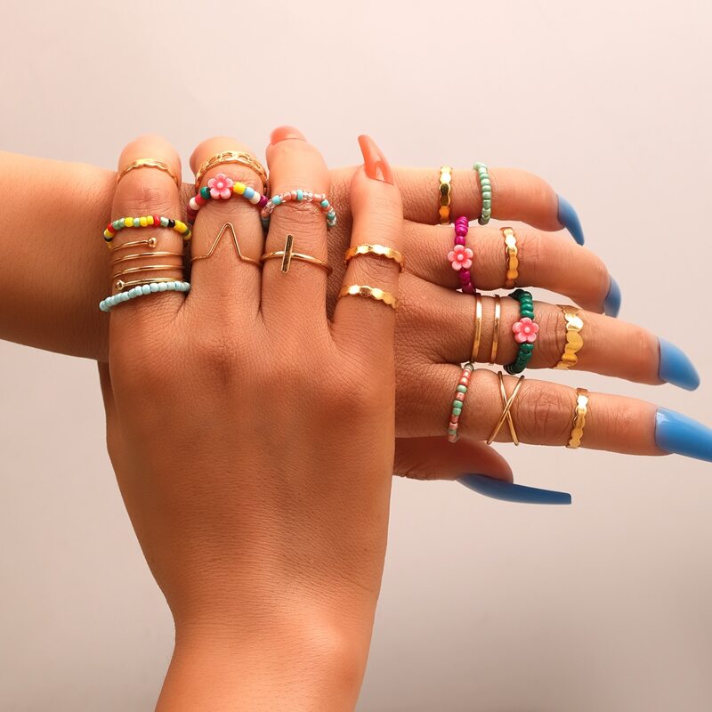 

21pcs Beaded Design Ring, Multicolor