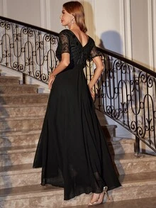 Contrast Sequin Belted Chiffon Dress - Black - View 2