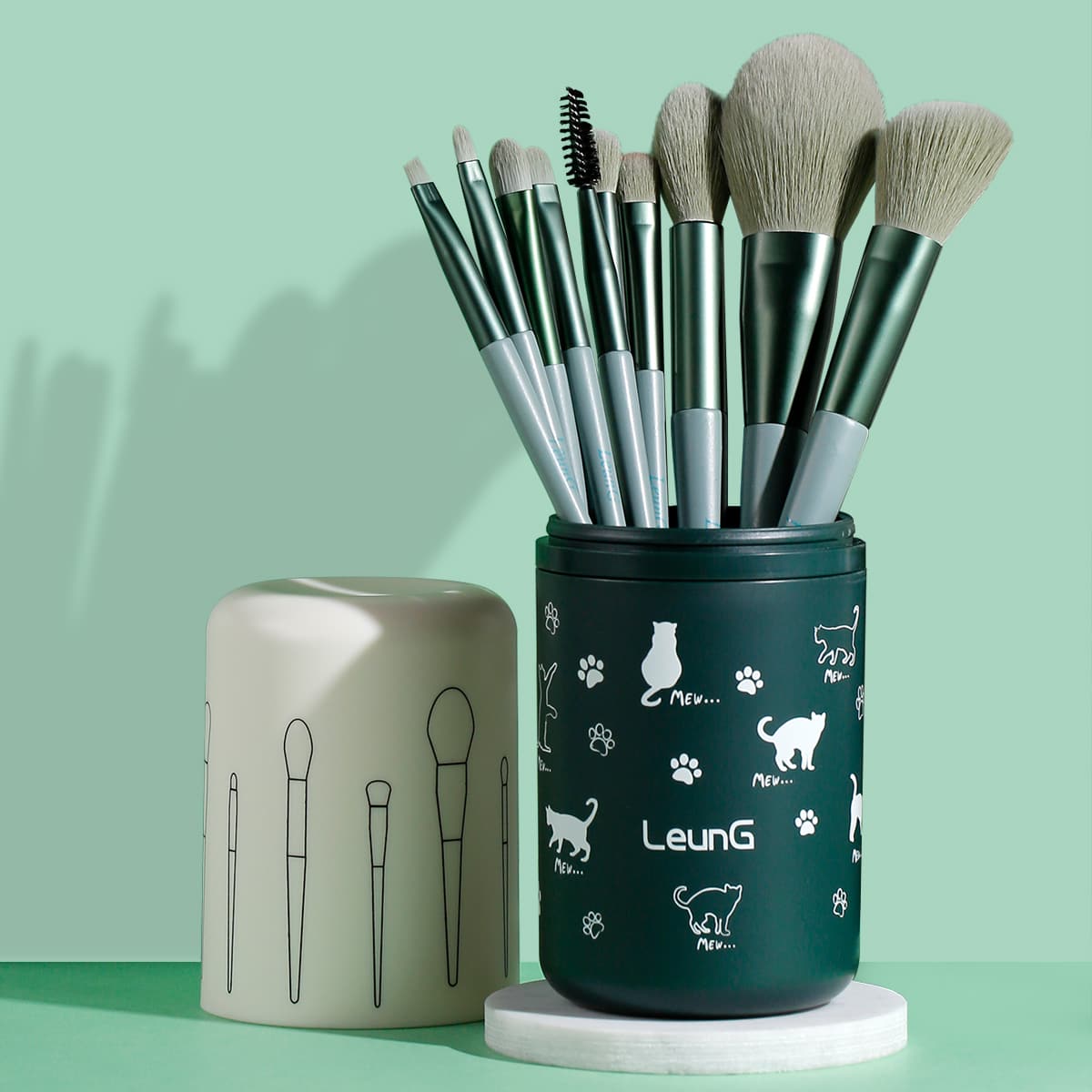 

10pcs Makeup Brush Set & 1pc Storage Box, Green