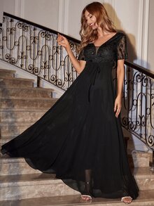 Contrast Sequin Belted Chiffon Dress - Black - View 6